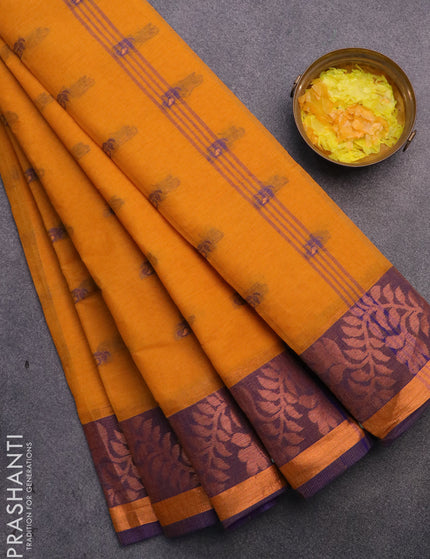 Bengal cotton saree mustard yellow and blue with thread woven buttas and copper zari woven border without blouse