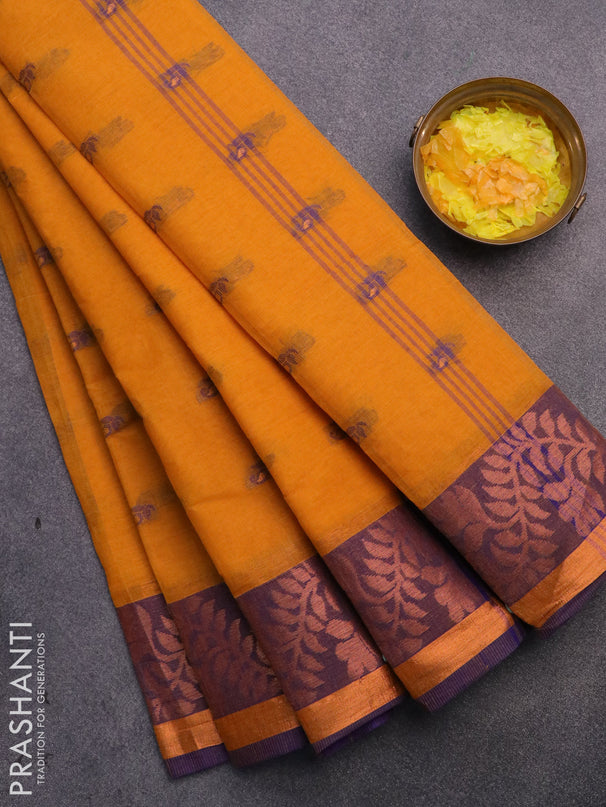 Bengal cotton saree mustard yellow and blue with thread woven buttas and copper zari woven border without blouse