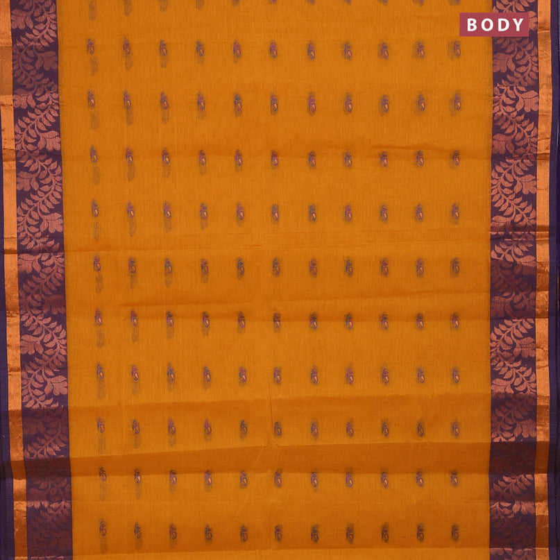 Bengal cotton saree mustard yellow and blue with thread woven buttas and copper zari woven border without blouse