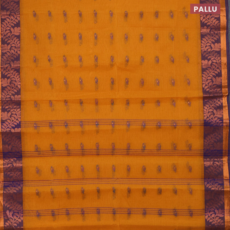 Bengal cotton saree mustard yellow and blue with thread woven buttas and copper zari woven border without blouse