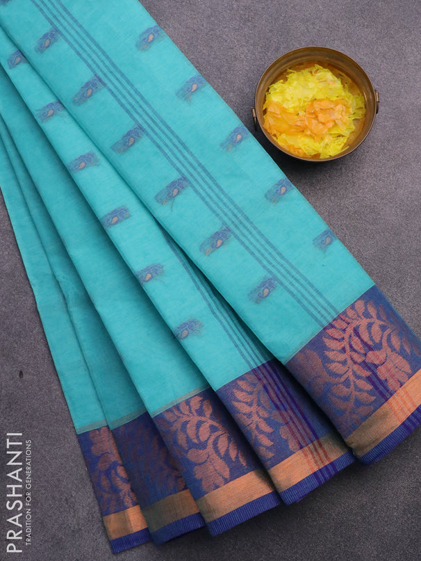 Bengal cotton saree teal blue and blue with thread woven buttas and copper zari woven border without blouse