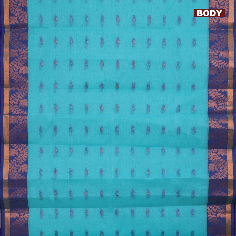 Bengal cotton saree teal blue and blue with thread woven buttas and copper zari woven border without blouse