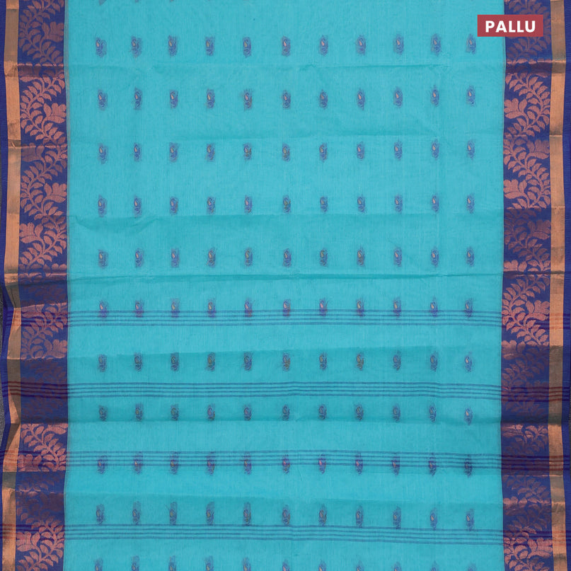 Bengal cotton saree teal blue and blue with thread woven buttas and copper zari woven border without blouse