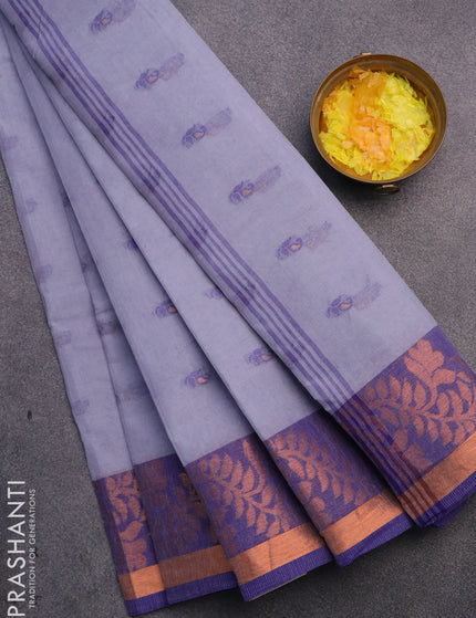 Bengal cotton saree grey and blue with thread woven buttas and copper zari woven border without blouse