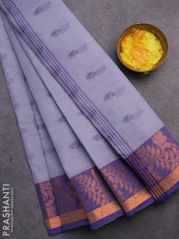 Bengal cotton saree grey and blue with thread woven buttas and copper zari woven border without blouse