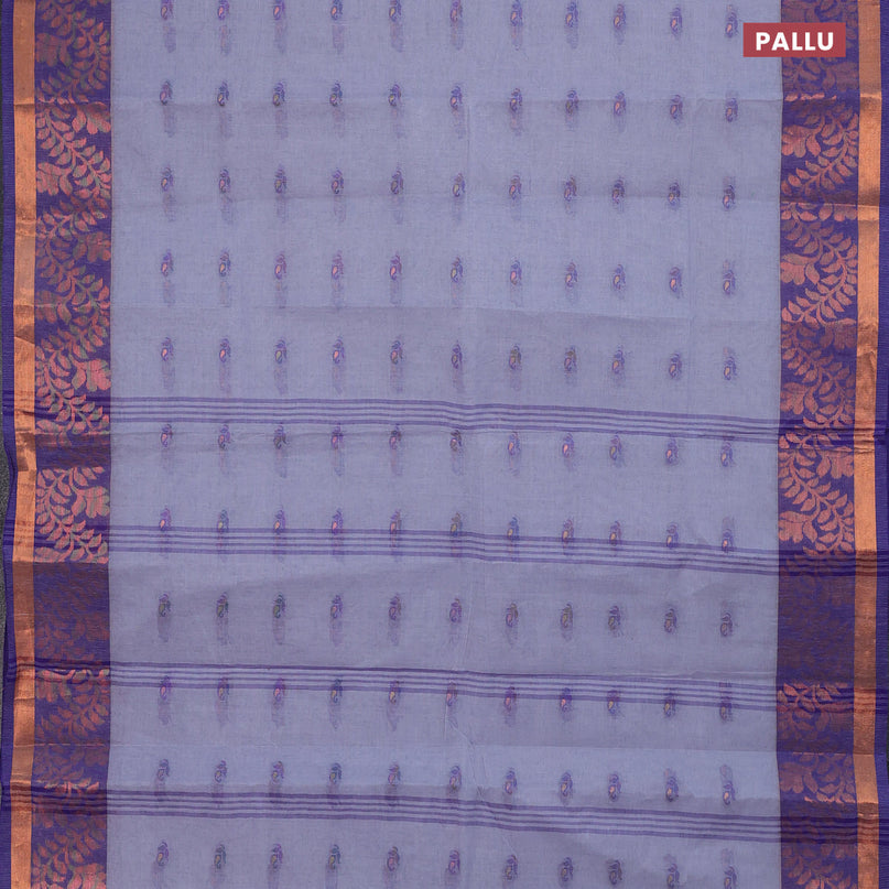 Bengal cotton saree grey and blue with thread woven buttas and copper zari woven border without blouse