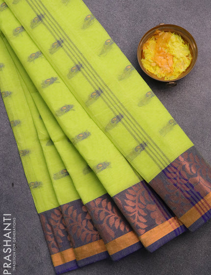 Bengal cotton saree fluorescent green and blue with thread woven buttas and copper zari woven border without blouse