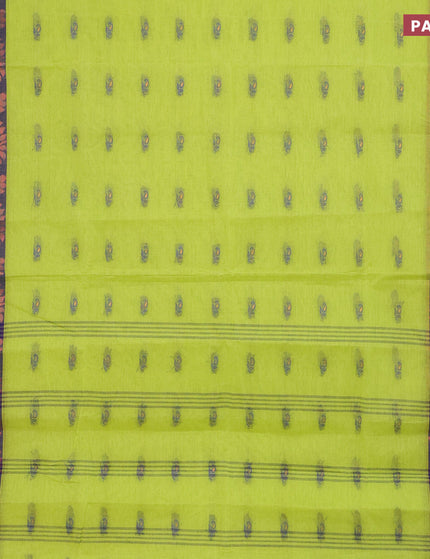 Bengal cotton saree fluorescent green and blue with thread woven buttas and copper zari woven border without blouse