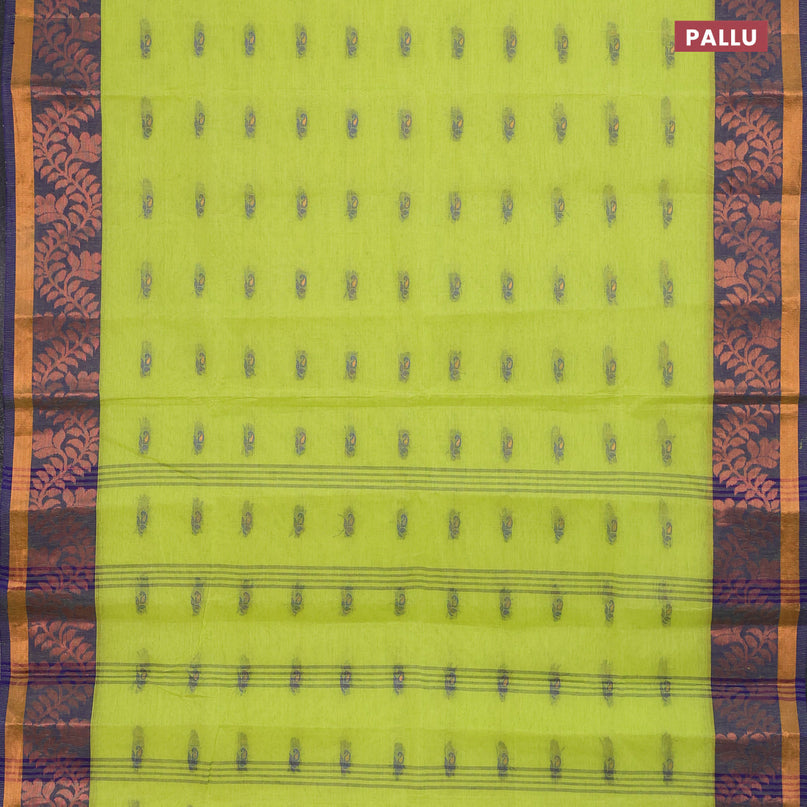 Bengal cotton saree fluorescent green and blue with thread woven buttas and copper zari woven border without blouse