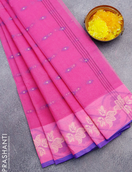 Bengal cotton saree pink and blue with thread woven buttas and thread woven border without blouse