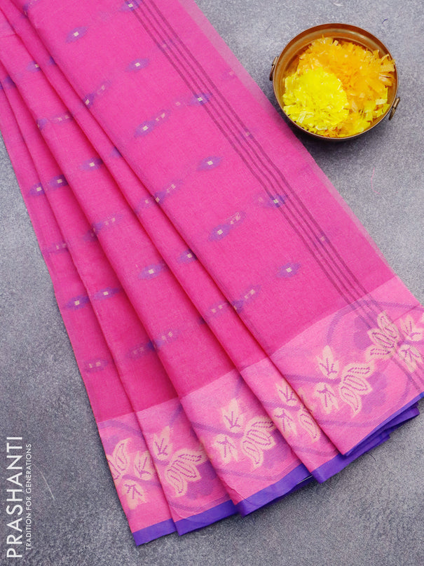 Bengal cotton saree pink and blue with thread woven buttas and thread woven border without blouse