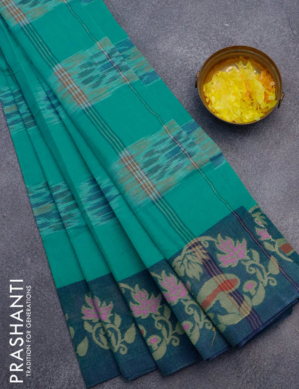 Bengal cotton saree teal green and blue with allover ikat weaves and thread woven border without blouse