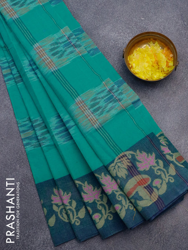 Bengal cotton saree teal green and blue with allover ikat weaves and thread woven border without blouse