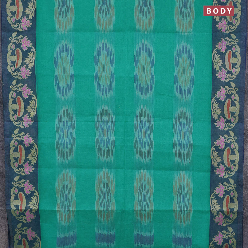 Bengal cotton saree teal green and blue with allover ikat weaves and thread woven border without blouse