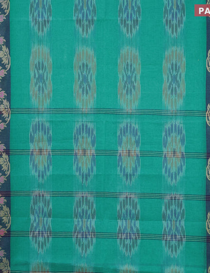 Bengal cotton saree teal green and blue with allover ikat weaves and thread woven border without blouse