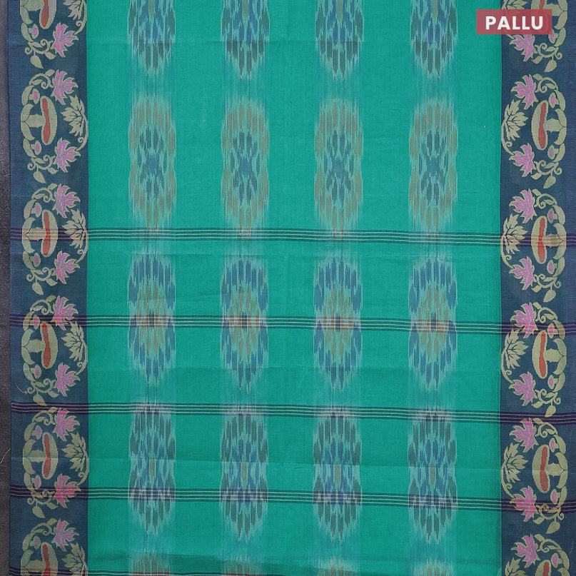 Bengal cotton saree teal green and blue with allover ikat weaves and thread woven border without blouse