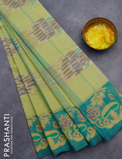 Bengal cotton saree pista green and green shade with allover ikat weaves and thread woven border without blouse