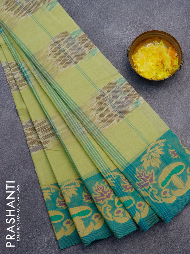 Bengal cotton saree pista green and green shade with allover ikat weaves and thread woven border without blouse