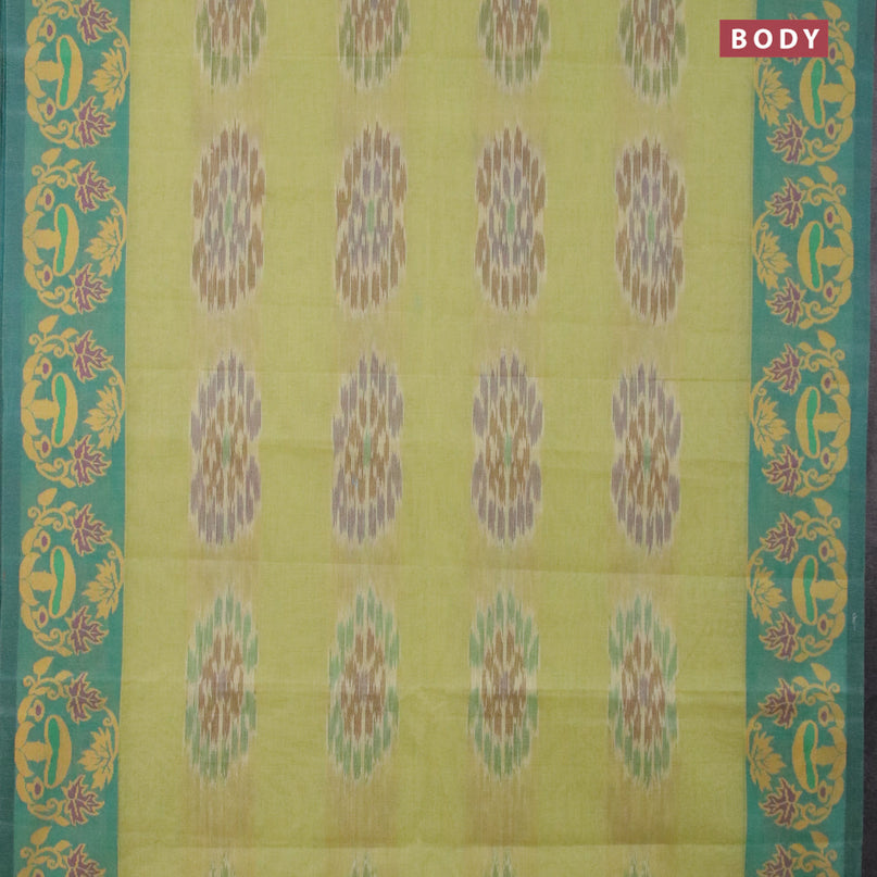 Bengal cotton saree pista green and green shade with allover ikat weaves and thread woven border without blouse