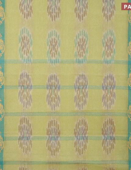 Bengal cotton saree pista green and green shade with allover ikat weaves and thread woven border without blouse