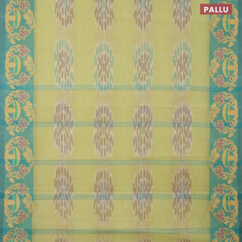 Bengal cotton saree pista green and green shade with allover ikat weaves and thread woven border without blouse