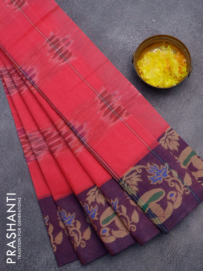 Bengal cotton saree pink and wine shade with allover ikat weaves and thread woven border without blouse