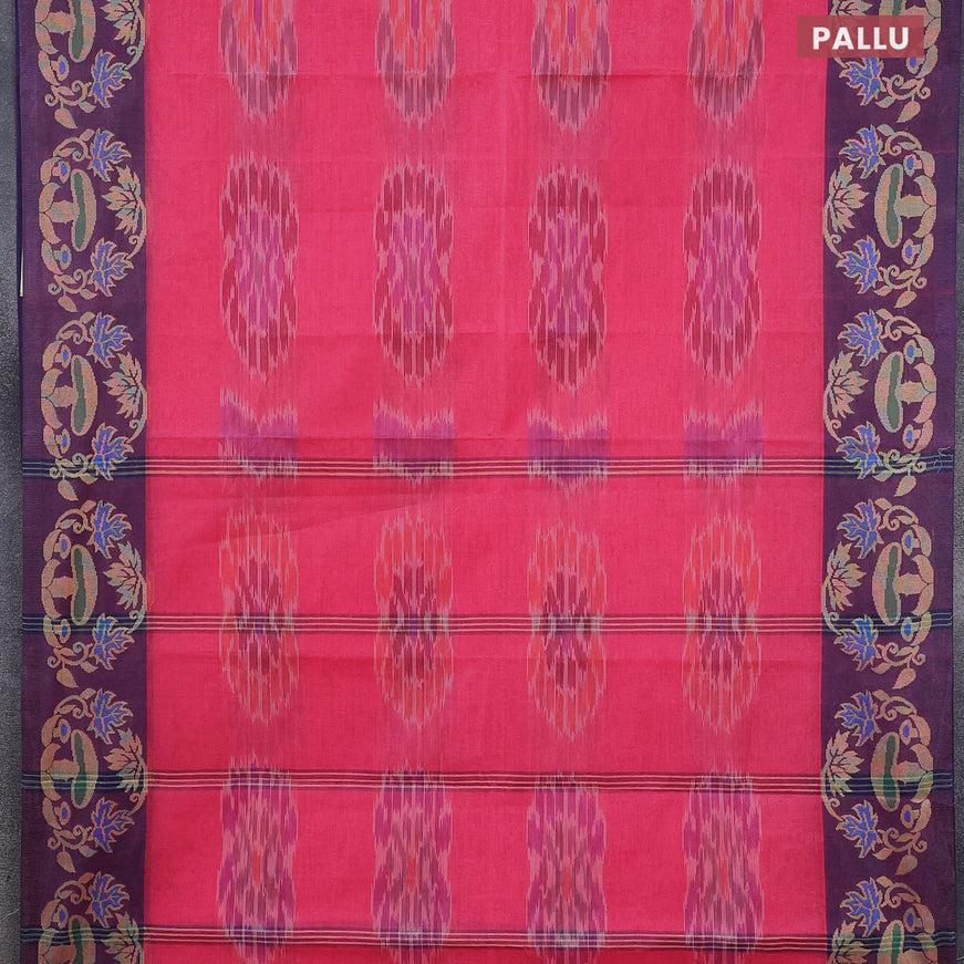 Bengal cotton saree pink and wine shade with allover ikat weaves and thread woven border without blouse