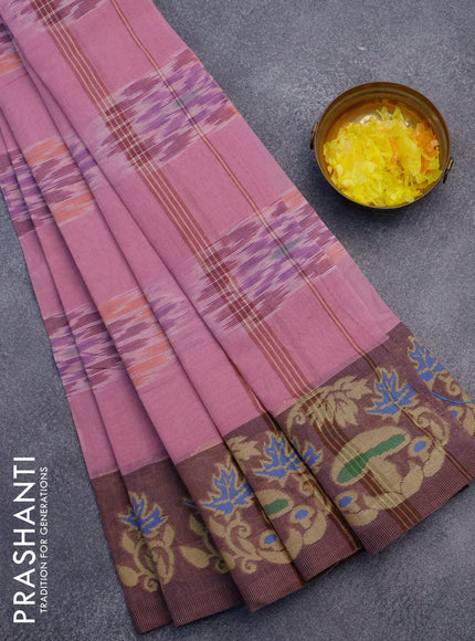 Bengal cotton saree mauve pink and brown shade with allover ikat weaves and thread woven border without blouse