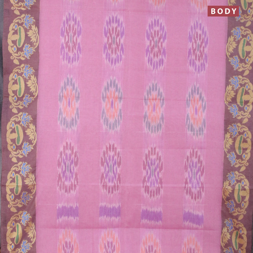 Bengal cotton saree mauve pink and brown shade with allover ikat weaves and thread woven border without blouse