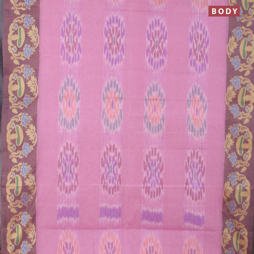 Bengal cotton saree mauve pink and brown shade with allover ikat weaves and thread woven border without blouse