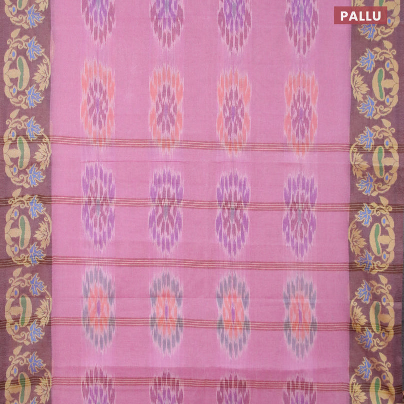 Bengal cotton saree mauve pink and brown shade with allover ikat weaves and thread woven border without blouse