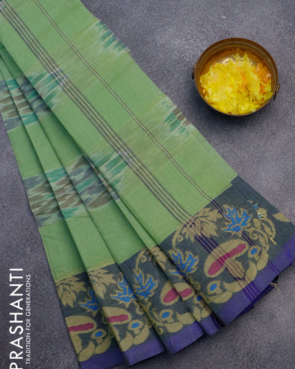 Bengal cotton saree pastel green and blue with allover ikat weaves and thread woven border without blouse