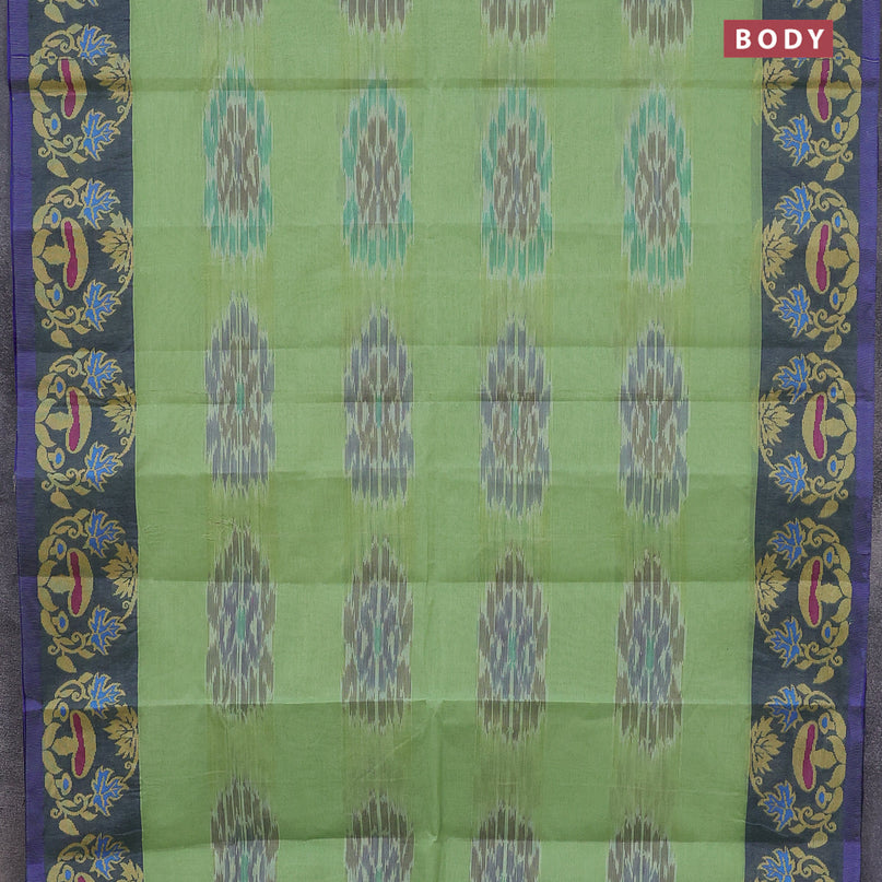 Bengal cotton saree pastel green and blue with allover ikat weaves and thread woven border without blouse