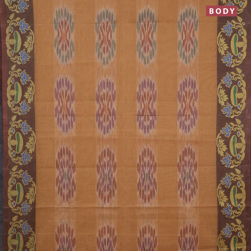 Bengal cotton saree rust shade and brown with allover ikat weaves and thread woven border without blouse