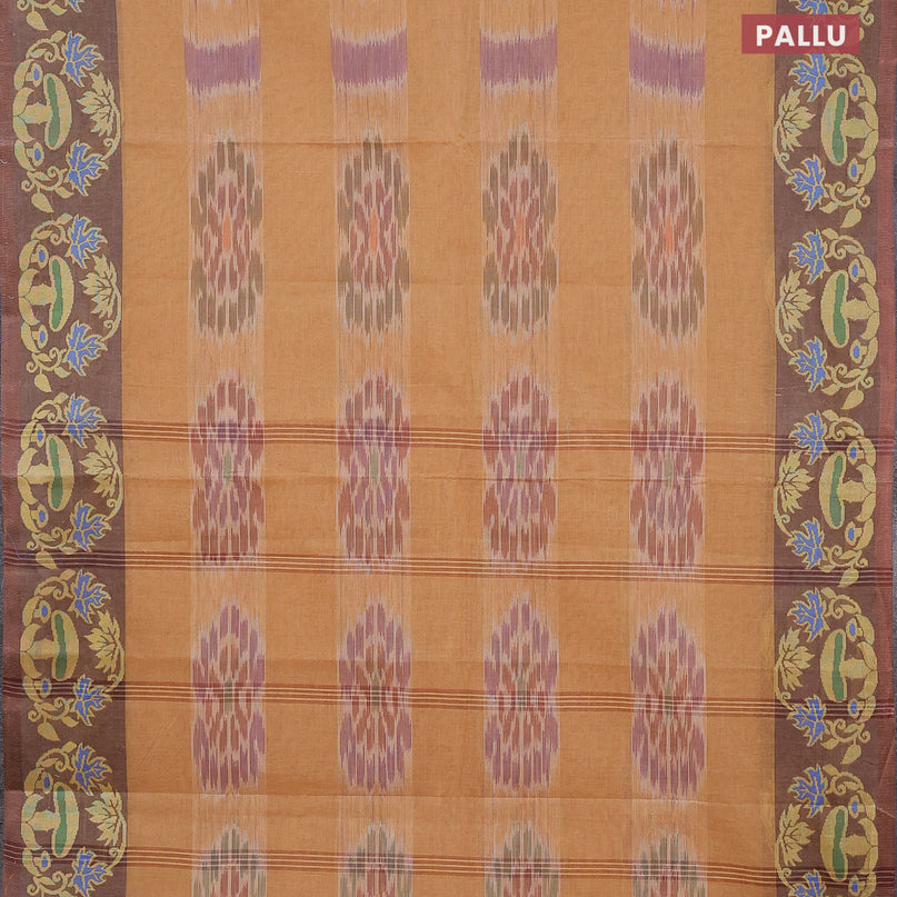 Bengal cotton saree rust shade and brown with allover ikat weaves and thread woven border without blouse