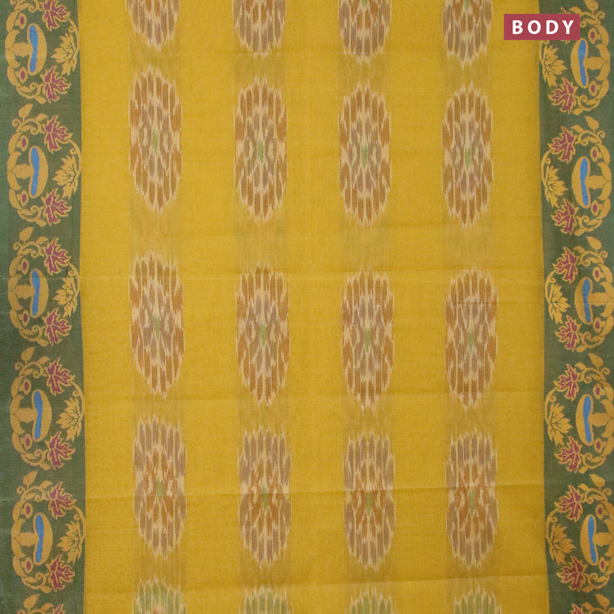 Bengal cotton saree mustard yellow and green with allover ikat weaves and thread woven border without blouse