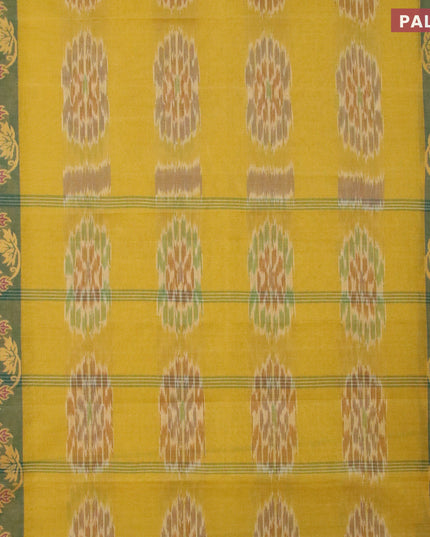 Bengal cotton saree mustard yellow and green with allover ikat weaves and thread woven border without blouse