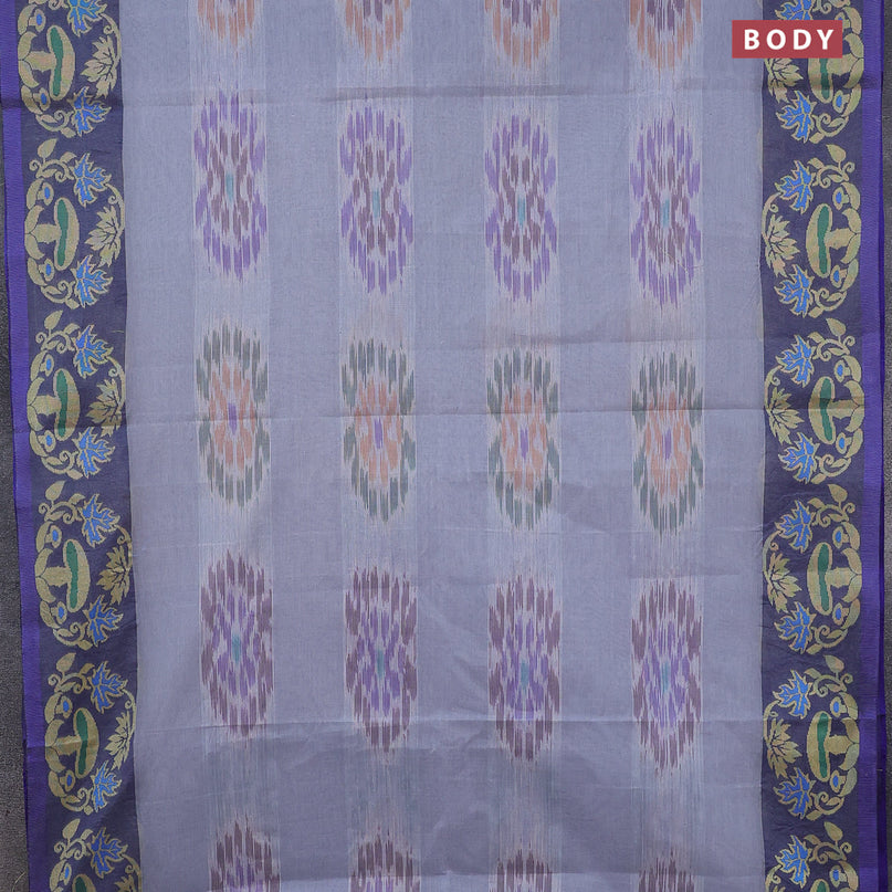 Bengal cotton saree grey and blue with allover ikat weaves and thread woven border without blouse