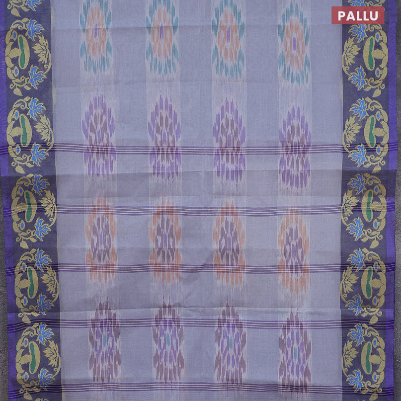 Bengal cotton saree grey and blue with allover ikat weaves and thread woven border without blouse