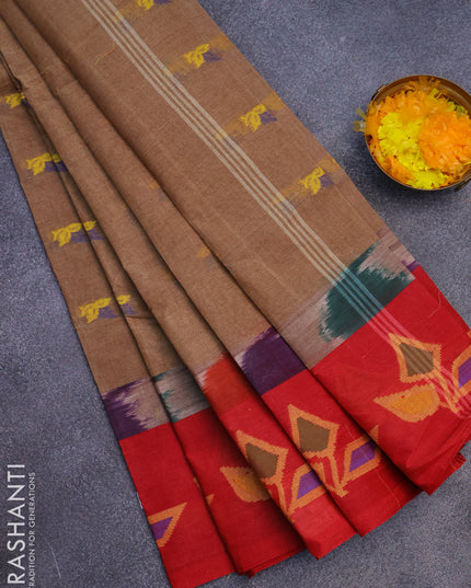 Bengal cotton saree brown shade and red with thread woven buttas and long thread woven border without blouse