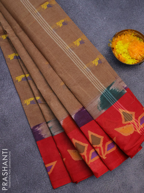 Bengal cotton saree brown shade and red with thread woven buttas and long thread woven border without blouse