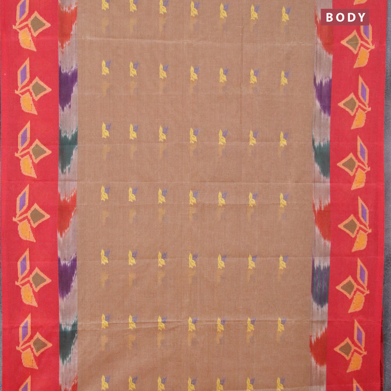 Bengal cotton saree brown shade and red with thread woven buttas and long thread woven border without blouse