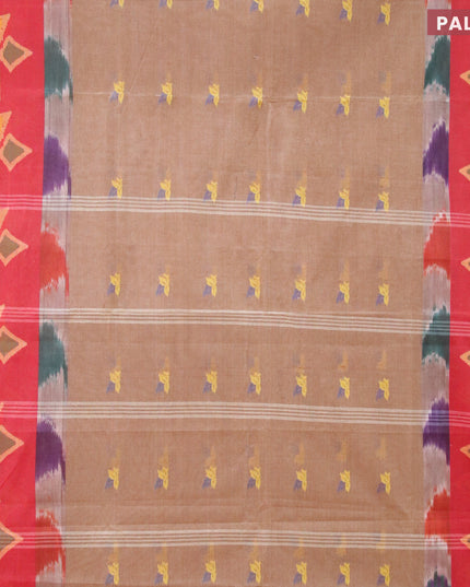 Bengal cotton saree brown shade and red with thread woven buttas and long thread woven border without blouse