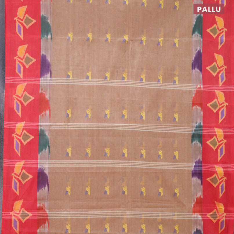 Bengal cotton saree brown shade and red with thread woven buttas and long thread woven border without blouse