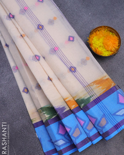 Bengal cotton saree off white and light blue with thread woven buttas and long thread woven border without blouse