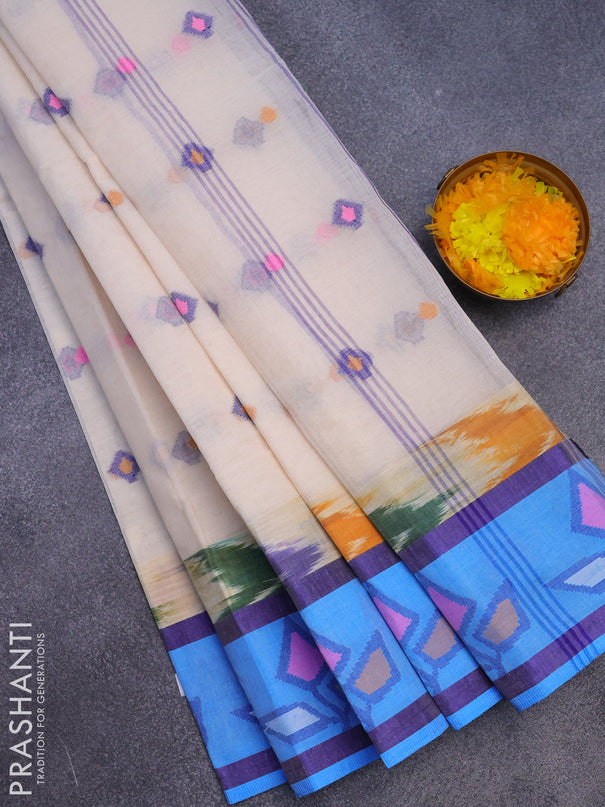 Bengal cotton saree off white and light blue with thread woven buttas and long thread woven border without blouse