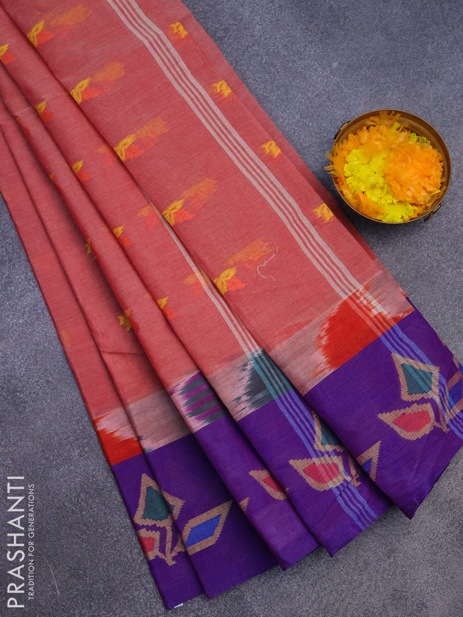 Bengal cotton saree maroon shade and blue with thread woven buttas and long thread woven border without blouse
