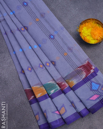 Bengal cotton saree grey and blue with thread woven buttas and long thread woven border without blouse