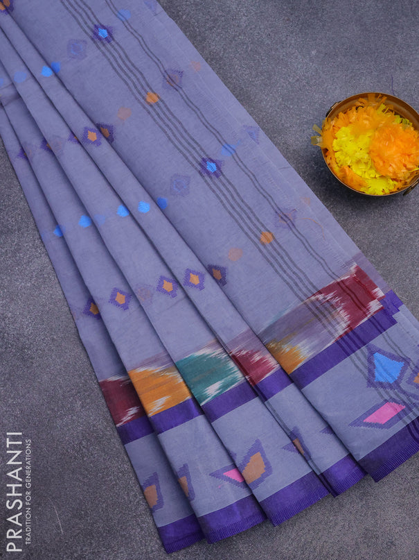 Bengal cotton saree grey and blue with thread woven buttas and long thread woven border without blouse