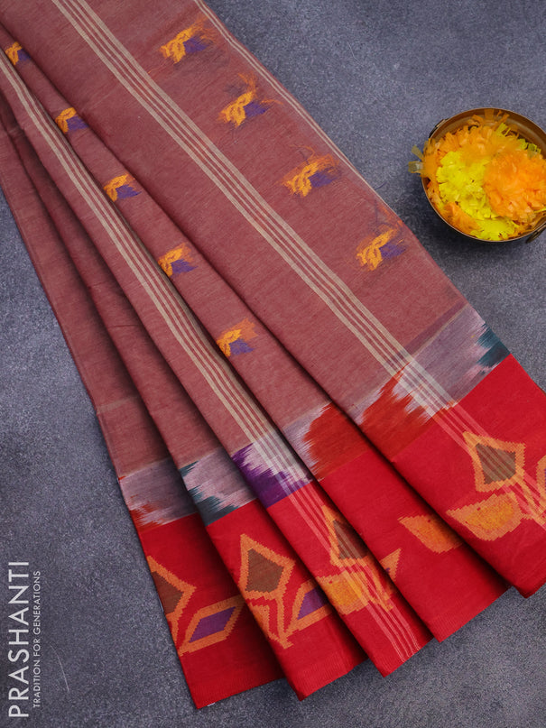 Bengal cotton saree maroon shade and red with thread woven buttas and long thread woven border without blouse